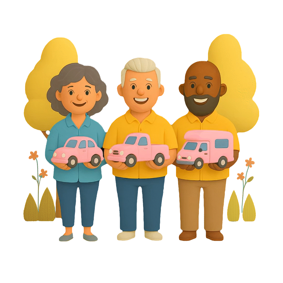 Three people with cars on their hands moving right to left